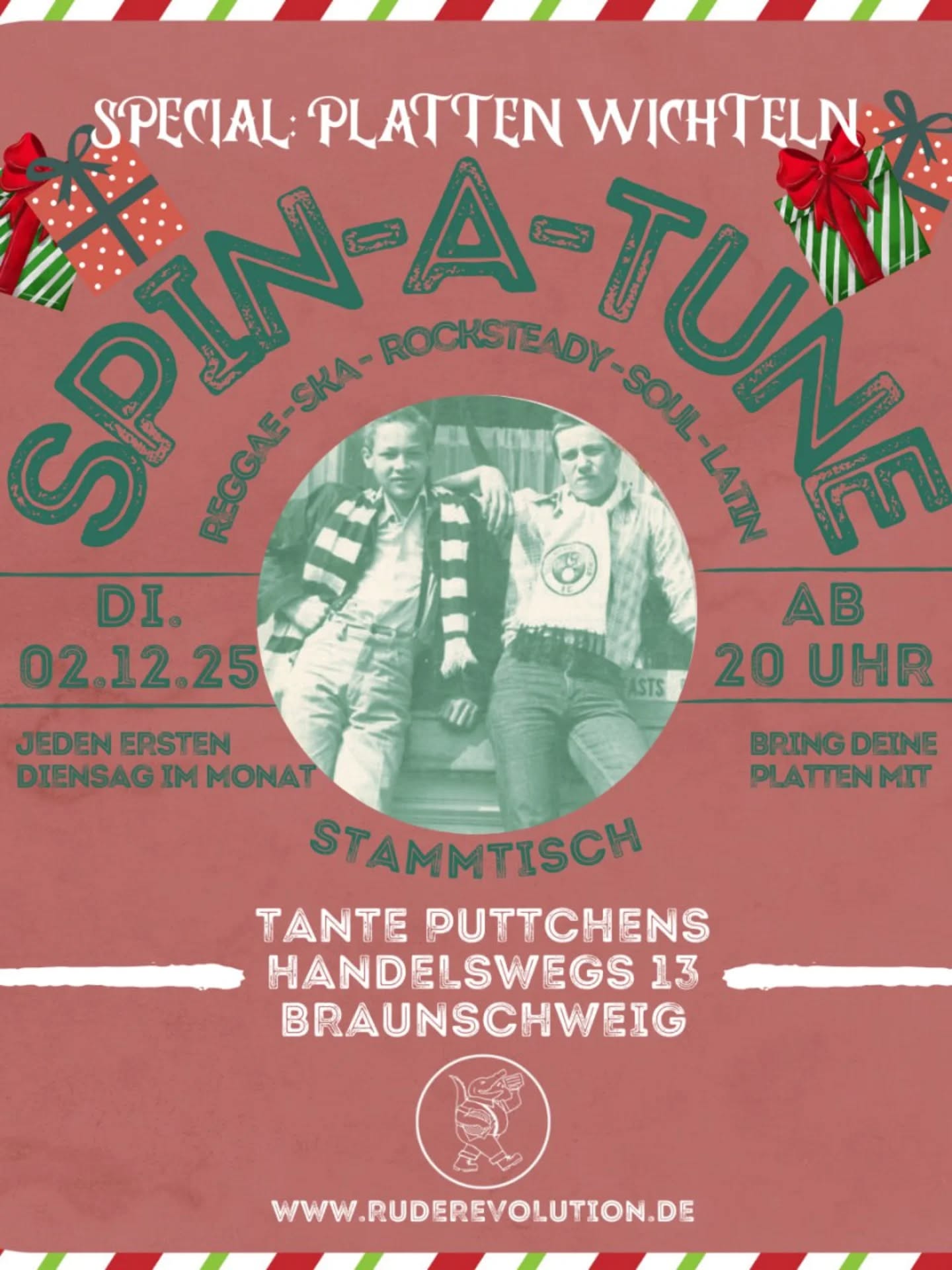Im Dezember steht das letzte SPIN A TUNE des Jahres an – und wir machen daraus etwas Besonderes: eine Plattenwichtel-Aktion 🎁. Bringt dafür bitte verpackte Platten mit, die ihr verschenken möchtet.

Wie immer treffen wir uns in entspannter Atmosphäre bei kühlen Getränken im @tanteputtchens, bringen unsere #Reggae #Rocksteady #Ska #Soul Platten mit und freuen uns auf neue Gesichter, um über Musik, Veranstaltungen und das Leben zu reden und zu philosophieren.

Kommt ab 20 Uhr vorbei, bringt ein wenig Zeit mit – und diesmal eben auch eine Platte zum Wichteln. Lasst uns gemeinsam einen schönen Jahresabschluss feiern. Wir sehen uns beim letzten #SPINATUNE 2025!

####
.December brings the final SPIN A TUNE of the year – and we’ll make it special with a record gift exchange 🎁. Please bring a wrapped vinyl you’d like to give away.

As always, we meet in a relaxed atmosphere with cool drinks at @tanteputtchens, bring our #Reggae #Rocksteady #Ska #Soul records and look forward to new faces to talk and philosophise about music, events and life.

Join us from 8 pm, bring some time – and this time also a vinyl for the exchange. Let’s celebrate the last #SPINATUNE of 2025 together

#BossSounds #skinheadreggae #skinheadsubculture #skinheadstyle #subculture @tanteputtchens