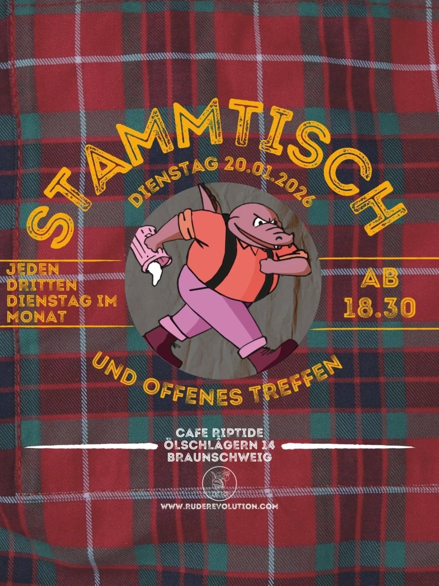 Offenes Treffen und Stammtisch
Für alte und neue Bekannte gibt es diesen Dienstag, die Möglichkeit zu sich
gemeinsam zu treffen, auszutauschen und neue Veranstaltungen zu planen.

Wir treffen uns diesen Dienstag im Riptide ab 18.30 Uhr.

Wenn du Lust hast neue Leute kennenzulernen und linke
Konzerte, Partys oder andere Veranstaltungen zu
organisieren oder dabei mitzuhelfen komm gerne
vorbei oder melde dich bei uns.

###

Open meeting and regulars' table
For old and new acquaintances there will be the opportunity this tuesday to meet and
to meet together, exchange ideas and plan new events.

We meet this tuesday at Cafe Riptide from 18.30.

If you want to meet new people and organize or help
with left concerts, parties or other events feel free to
come by or contact us.

Until then

Your Rudies

#ruderevolution #Braunschweig  stammtisch
reggaeandwolters reggaeagainstfascism
workingclassreggae noracism skinhead subkultur
rudecroco reggaeantifabeer rash antifa
skinheadreggae