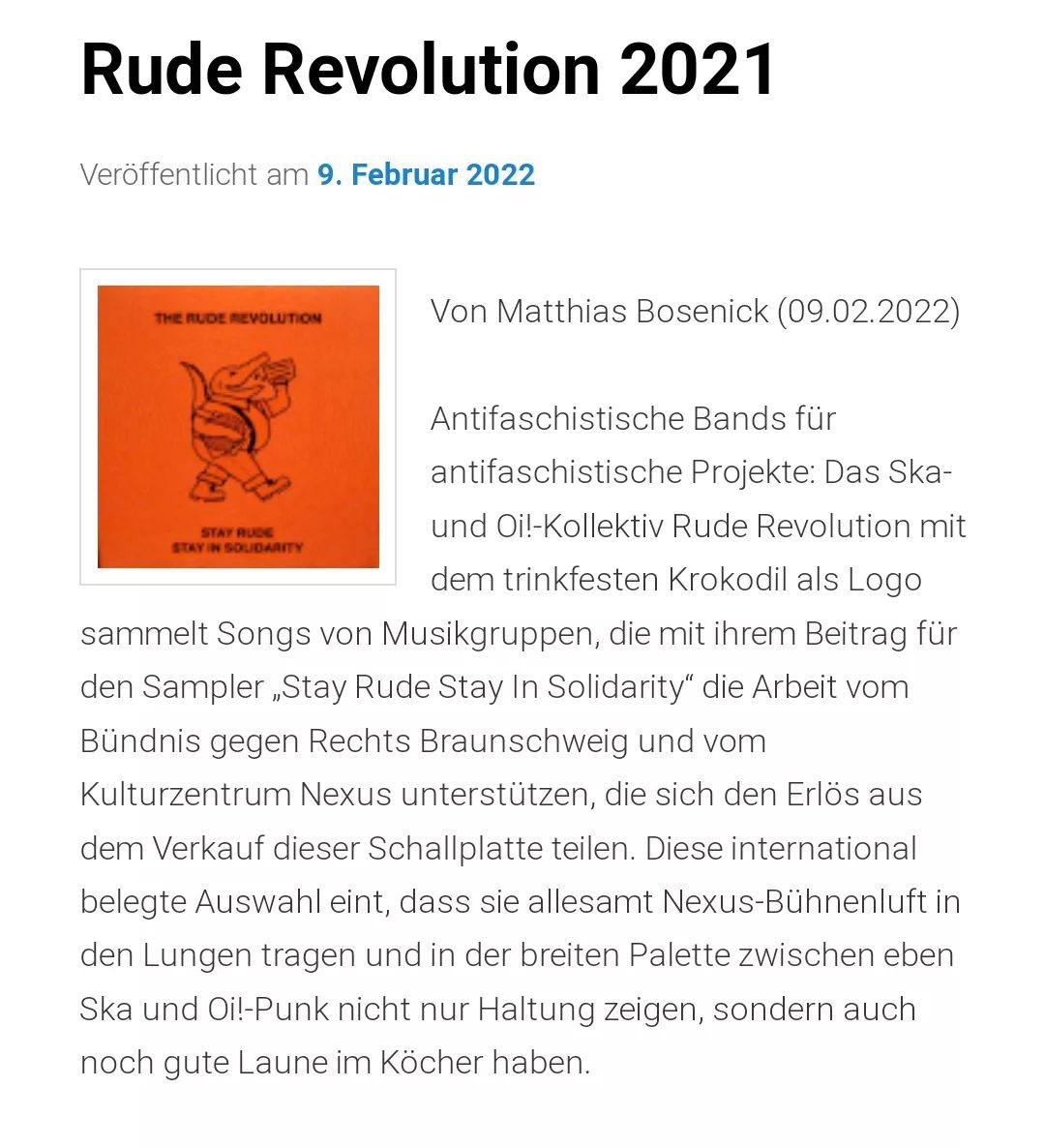 @vanbauseneick hat ein ausführliches Review über unseren Soli Sampler "Stay Rude - Stay In Solidarity" geschrieben. Vielen Dank dafür - auch das Intro wird nochmal näher beleuchtet. Gönnt euch das Review und den Sampler!

http://vanbauseneick.de/krautnick/the-rude-revolution-stay-rude-stay-in-solidarity-rude-revolution-2021/

#ruderevolution #Braunschweig #stayrudestayinsolidarity #antifa #workingclassreggae #ska #sampler #solidarity