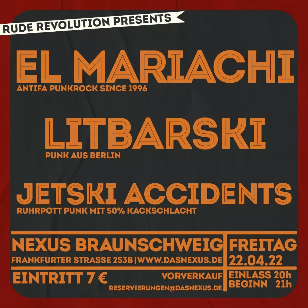 Am 22. April spielen @el_mariachi_goettingen Litbarski und @jetski.accidents  im @nexus_braunschweig 

Unser erstes Indoor #Konzert seit März 2020.

Wir freuen uns sehr auf dreierlei #Punk des Granatapfels.

#ruderevolution #Braunschweig #konzerteinbraunschweig #elmariachi #litbarski #jetskiaccidents