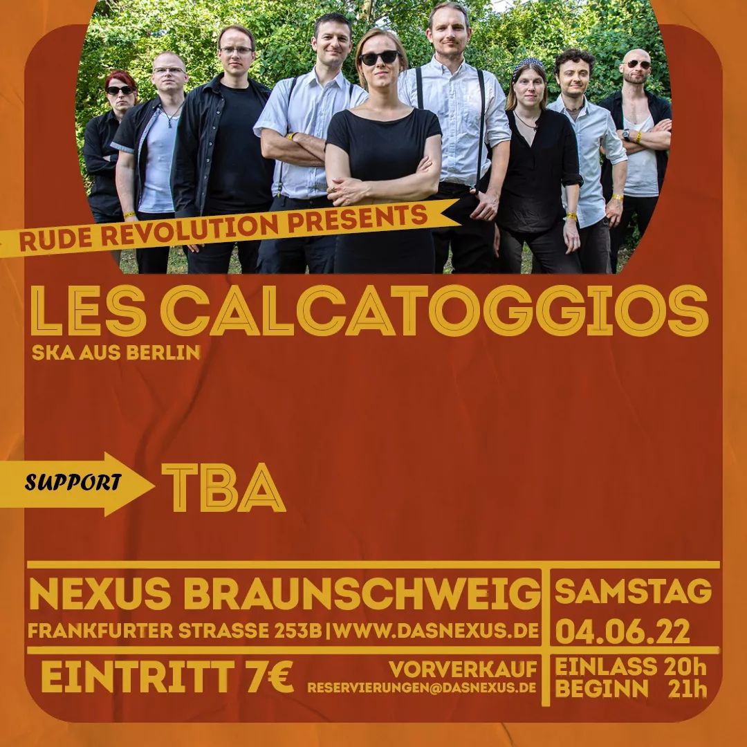 Am 4. Juni spielen @les.calcatoggios besten Berliner #Ska im @nexus_braunschweig . Wir suchen auch noch eine Support Band, also meldet euch bei uns wenn ihr Zeit und Lust habt.

Beim Konzert sammeln wir wieder Gelder für die Kampagne von @antifableibt_braunschweig 

Les #Calcatoggios beehren seit 1998 die Berliner Ska-Szene. In einem Jugendcamp auf Korsika mit dem Namen Calcatoggio gegründet, bespielen sie seitdem die Bühnen Berlins und seines Umlands. Aber auch in Polen, Frankreich und Spanien folgten zahlreiche Gigs. Sie spielten u.a. mehrfach auf der ApoSkalypse und beim Skanta Klaus-Festival, auf dem This is Ska–Festival 2011 und 2019 und standen 2015 im Finale des Emergenza-Festivals. Im Sommer 2018 feierten sie ihr 20-jähriges Bandbestehen. Damit gehören sie zu den dienstältesten Berliner Ska-Combos.Die Band besteht aus acht Leuten: Ela an den Drums, Roland mit der Gitarre, Sandra singt, Hajo spielt Bass, die Bläser sind Paula (Tenor-Sax), Thomas (Trompete), Benny (Posaune); in die Tasten haut der Tor.Sie machen eine lebendige und erfrischende Musik, mit der sie jeden zum Tanzen und Mitsingen bewegen wollen. Eingängige Melodien, geniale Rhythmuswechsel und Mut zu Ungewöhnlichem lassen die Tanzschuhe qualmen.

#ruderevolution #Braunschweig #konzerteinbraunschweig #skaconcert