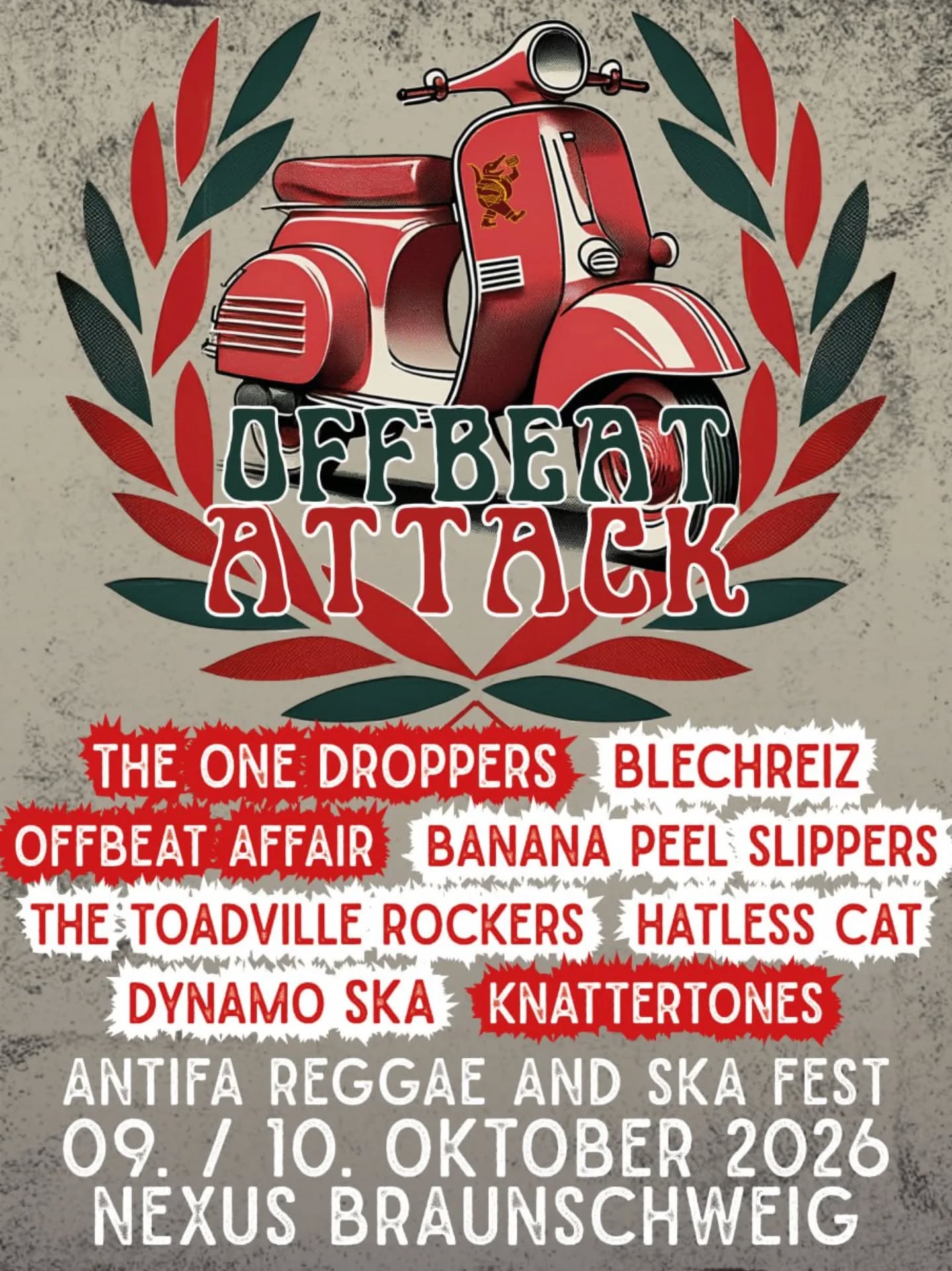 🔥 Offbeat Attack – 09. & 10. Oktober im Nexus Braunschweig 🔥 

Wir hauen das Line‑up jetzt schon raus.  Zwei Tage Reggae, Ska und Offbeat – solidarisch, laut und eindeutig antifaschistisch. 

Freitag: 
- The One Droppers 
- Offbeat Affair 
- Knattertones 

Samstag: 
- Blechreiz 
- Banana Peel Slippers (Köln) 
- Hatless Cat 
- The Toadville Rockers 
- Dynamo Ska 

Wir freuen uns auf Leute von nah und fern, die Bock auf gute Musik, klare Haltung und ein Wochenende ohne Bullshit haben. Nexus Braunschweig – im Oktober wird’s wieder richtig scheppern.

#ruderevolution #offbeatattack #braunschweig #reggae #ska @hatless_cat @dynamoska @knattertones